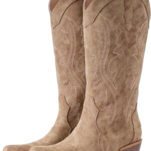 IUV Cowboy Boots For Women Western Cowgirl Boots with Chunky Heel Mid Calf Snip Toe Ideal for low insteps