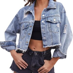 LONGYIDA Women's Cropped Denim Jacket | Distressed Button-Down Jean Jacket | Long Sleeve Ripped & Frayed Blue Coat